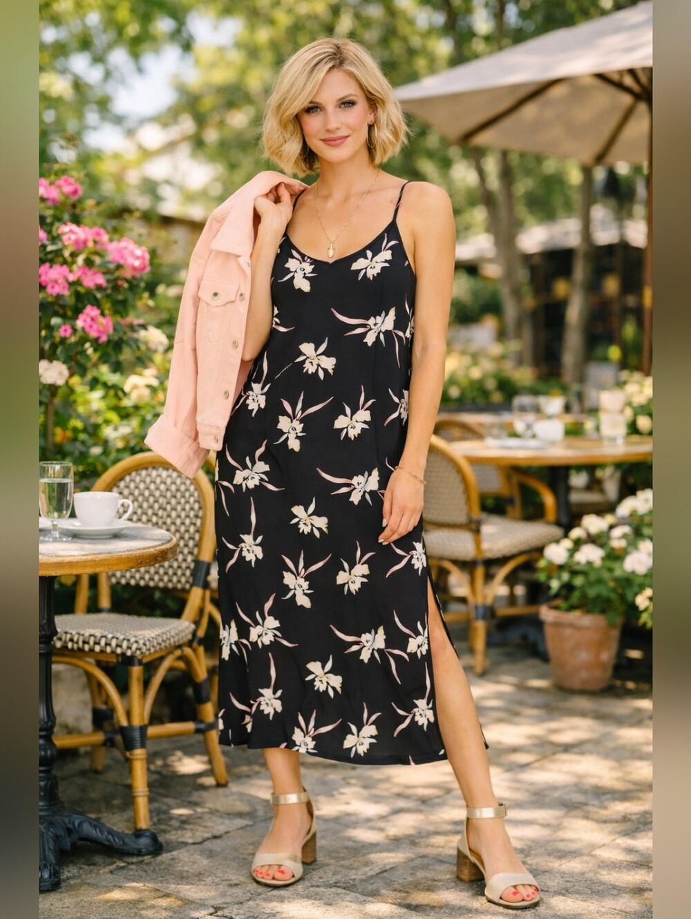 J. Crew Black Floral Kalalau Orchid Slip Midi Dress - Side Slits Size Large